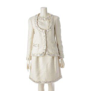 CHANEL Tweed Jacket Skirt Set Silk Blend Suit Set Beige Beaded 38